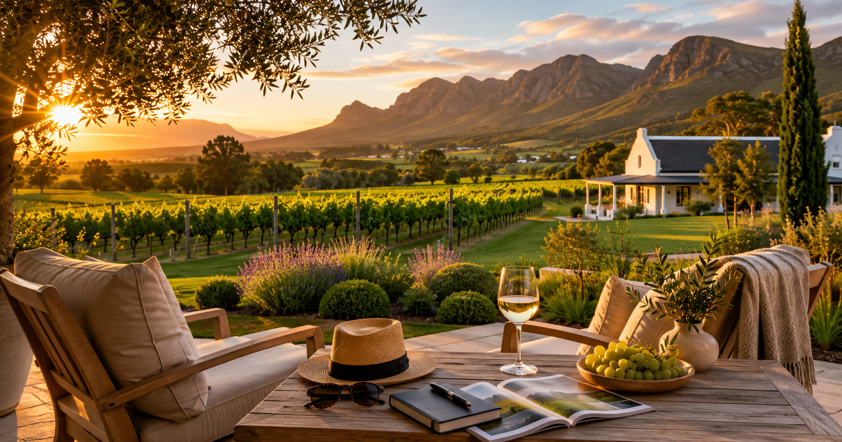 Luxury vineyard estate in the Cape Winelands with mountain views, vineyards and a farmhouse at sunset.